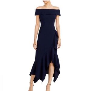 AQUA Navy Off-Shoulder Strapless Ruffle Formal Event Evening Dress